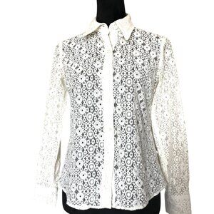 Trina Turk Sheer Lace Button-Down Blouse, Cream See-Thru Top, Size Small